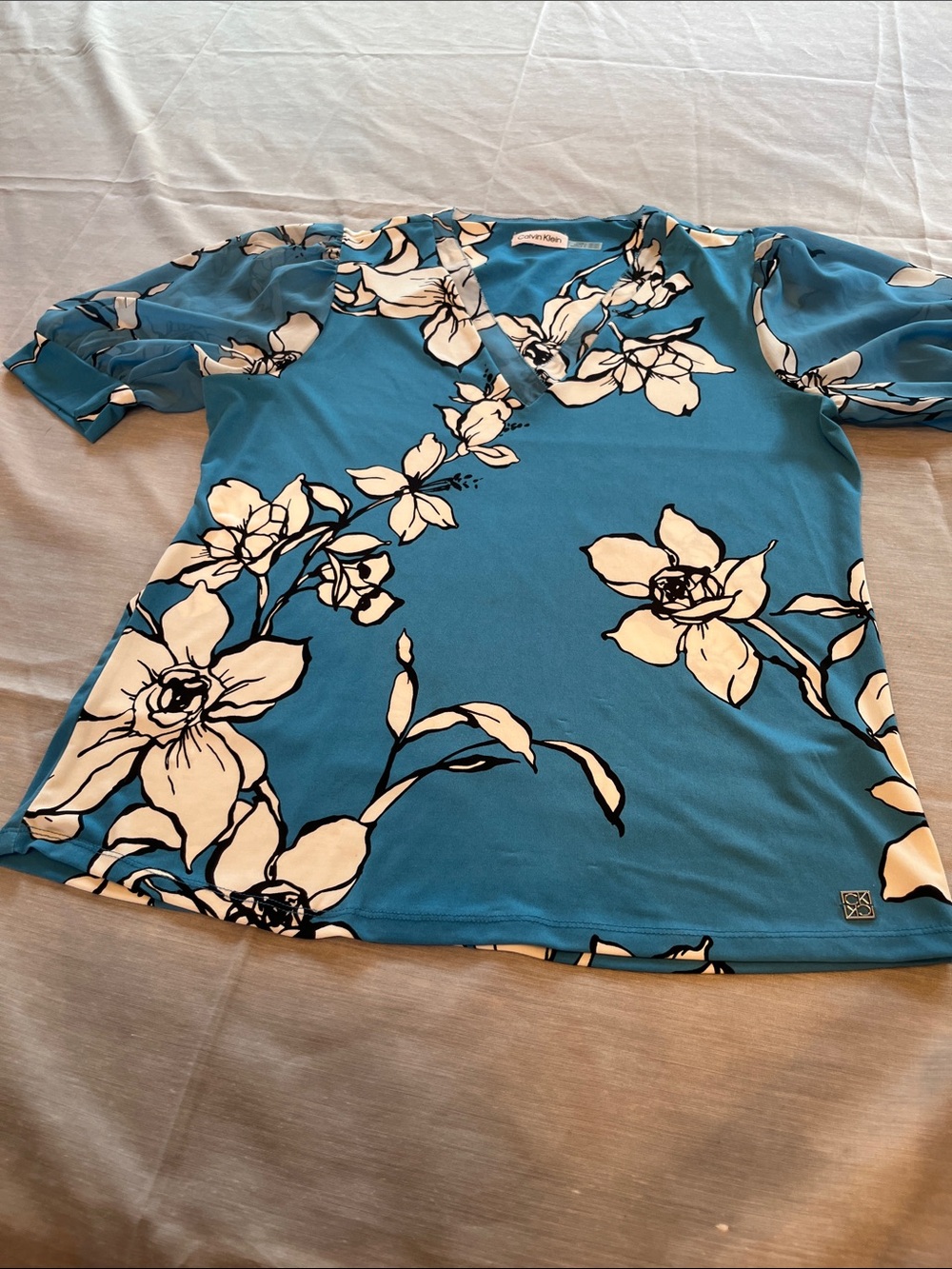 Calvin Klein Teal V-Neck Floral Blouse